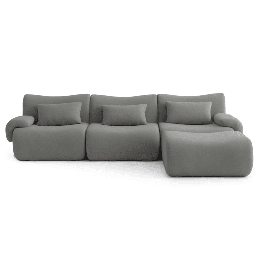Sofá modular de 3 lugares com chaise longue, tecido bouclé na cor cinza nuvem