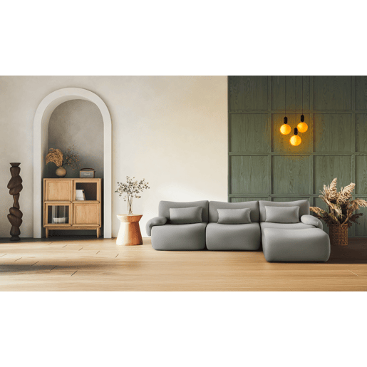 Sofá modular de 3 lugares com chaise longue, tecido bouclé na cor cinza nuvem