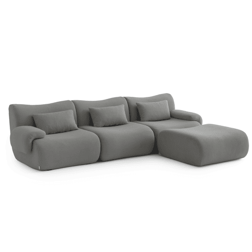 Sofá modular de 3 lugares com chaise longue, tecido bouclé na cor cinza nuvem