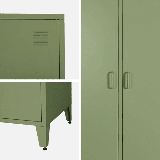 Guarda-roupa industrial em metal com 2 portas, 4 prateleiras, 1 cabideiro, Soho, Verde caqui, 48x80x181 cm