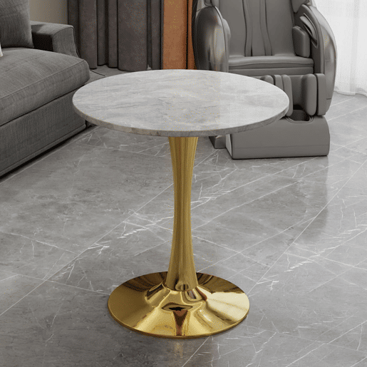 Mesa de jantar redonda 70 cm - Estilo mid-century, mármore cinzento veado, 2-4 pessoas - Dourado