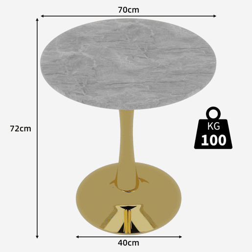 Mesa de jantar redonda 70 cm - Estilo mid-century, mármore cinzento veado, 2-4 pessoas - Dourado