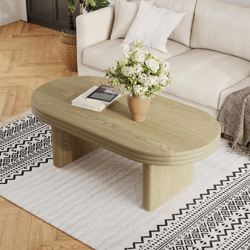 Mesa de centro ovalada 120x60cm - Estilo mid century, madeira rústica, versátil - Natural