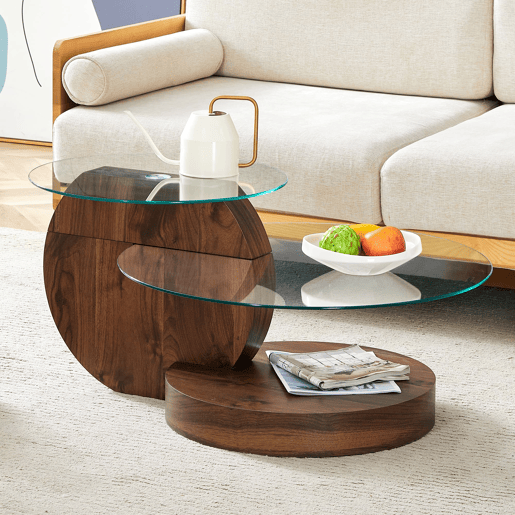 Mesa de centro moderna - design multicamadas, suporte em MDF - TransparenteNogueira