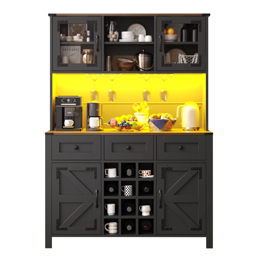 Armário de cozinha 120x40x170 cm - 4 portas, 3 gavetas, LED, USB, preto