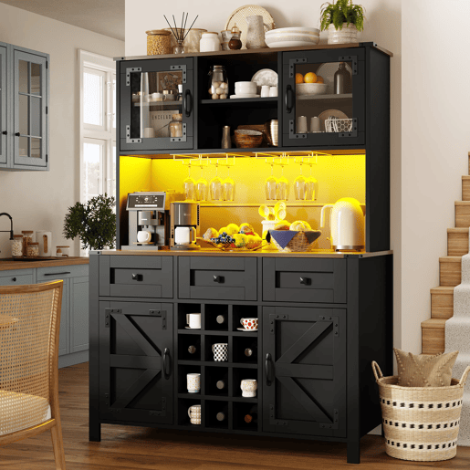 Armário de cozinha 120x40x170 cm - 4 portas, 3 gavetas, LED, USB, preto