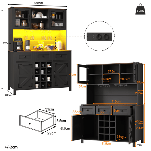 Armário de cozinha 120x40x170 cm - 4 portas, 3 gavetas, LED, USB, preto