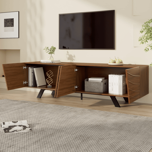 Móvel de TV 160x39x50,5 cm - Lowboard com frente ondulada, grande capacidade de armazenamento, pés de ferro - Nogueira