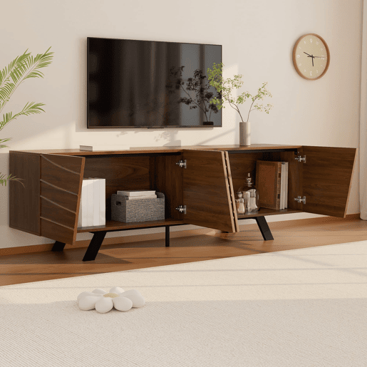 Móvel de TV 160x39x50,5 cm - Lowboard com frente ondulada, grande capacidade de armazenamento, pés de ferro - Nogueira