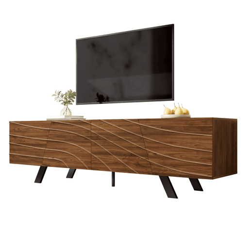 Móvel de TV 160x39x50,5 cm - Lowboard com frente ondulada, grande capacidade de armazenamento, pés de ferro - Nogueira