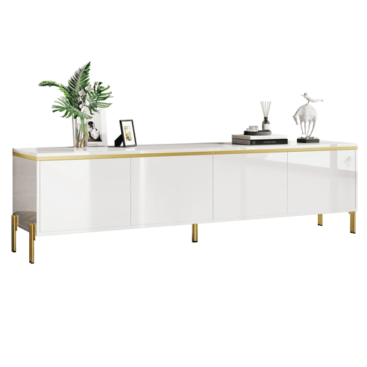 Móvel de TV moderno - 4 portas, alto brilho, ranhura para cabos, rebordo dourado - Branco Móvel de TV moderno - 4 portas, alto brilho, ranhura para cabos, rebordo dourado - Branco