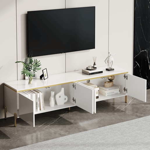 Móvel de TV moderno - 4 portas, alto brilho, ranhura para cabos, rebordo dourado - Branco Móvel de TV moderno - 4 portas, alto brilho, ranhura para cabos, rebordo dourado - Branco