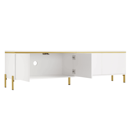 Móvel de TV moderno - 4 portas, alto brilho, ranhura para cabos, rebordo dourado - Branco Móvel de TV moderno - 4 portas, alto brilho, ranhura para cabos, rebordo dourado - Branco