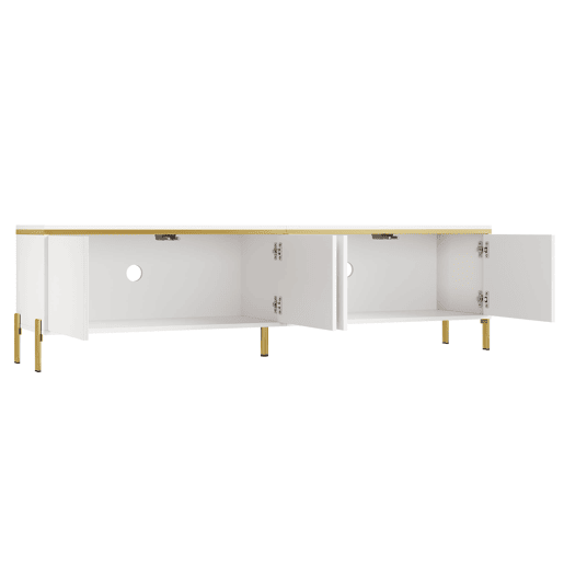 Móvel de TV moderno - 4 portas, alto brilho, ranhura para cabos, rebordo dourado - Branco Móvel de TV moderno - 4 portas, alto brilho, ranhura para cabos, rebordo dourado - Branco