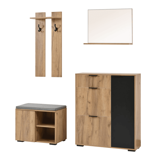 Conjunto para hall de entrada 140x35x139 cm - banco para sapatos, espelho, 4 portas - natural e preto