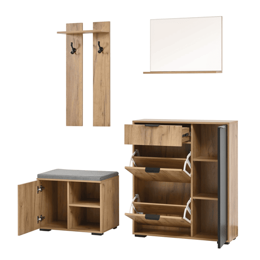 Conjunto para hall de entrada 140x35x139 cm - banco para sapatos, espelho, 4 portas - natural e preto