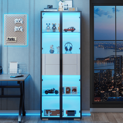 Vitrine 60x40x160 cm - Porta em vidro temperado, LED, 2 prateleiras e 2 gavetas - Preto e branco