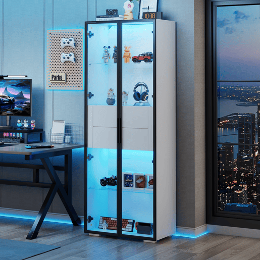 Vitrine 60x40x160 cm - Porta em vidro temperado, LED, 2 prateleiras e 2 gavetas - Preto e branco