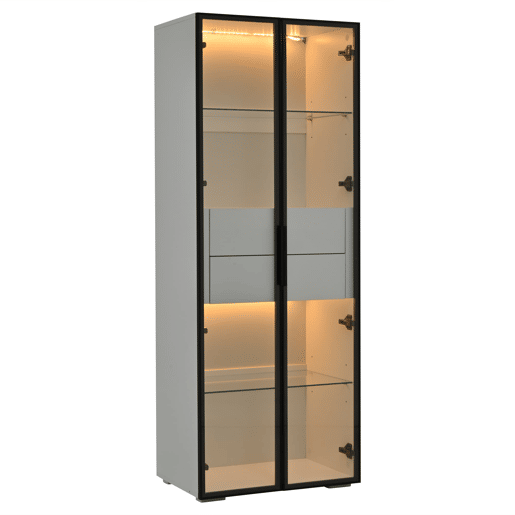 Vitrine 60x40x160 cm - Porta em vidro temperado, LED, 2 prateleiras e 2 gavetas - Preto e branco