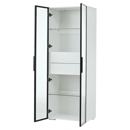 Vitrine 60x40x160 cm - Porta em vidro temperado, LED, 2 prateleiras e 2 gavetas - Preto e branco