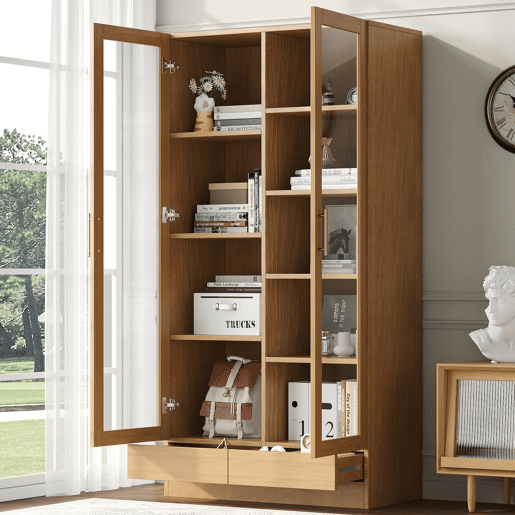 Vitrine de vidro 80x40x160 cm - Prateleiras fixas deslocadas, gavetas push-to-open - Madeira natural