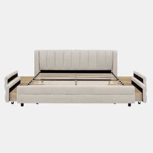Cama de casal 140x200 cm - arrumação lateral, porta USB, chenille ergonómica - Bege