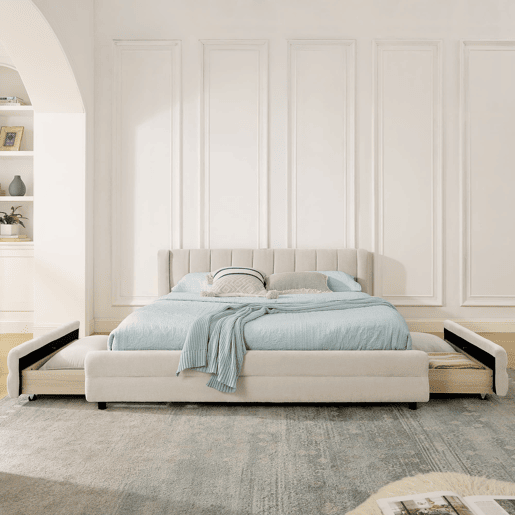 Cama de casal 140x200 cm - arrumação lateral, porta USB, chenille ergonómica - Bege