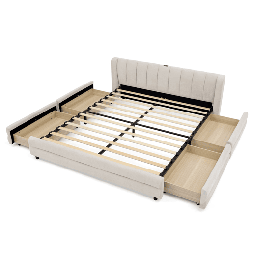 Cama de casal 140x200 cm - arrumação lateral, porta USB, chenille ergonómica - Bege