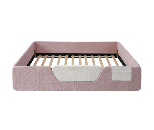 Cama tapizada, 140x190 cm - barandillas desmontables, bolsillo lateral, terciopelo único - rosa