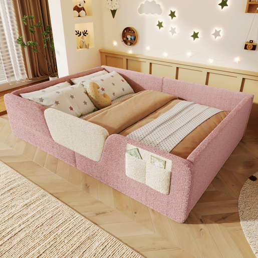Cama estofada, 140x190 cm - Barreiras removíveis, bolso lateral, veludo único - Rosa