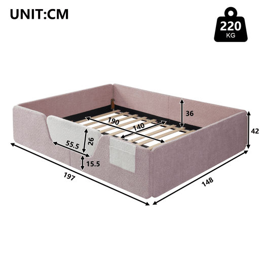 Cama estofada, 140x190 cm - Barreiras removíveis, bolso lateral, veludo único - Rosa