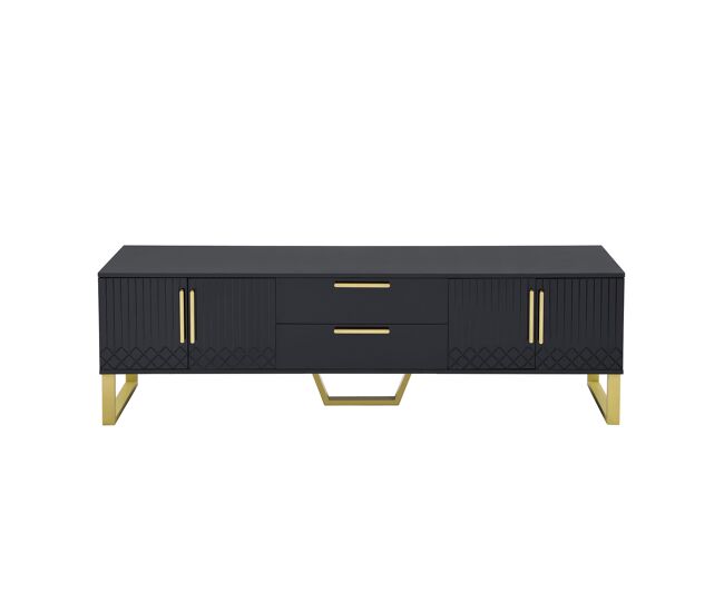 Mueble tv 170x35x47 cm - alto brillo, tiradores y patas doradas, puerta texturizada - negro
