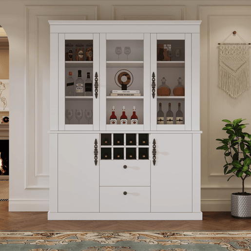 Vitrine 130x37,5x170,5 cm - 2 gavetas, 4 portas, LED, 8 garrafeiras - Branco