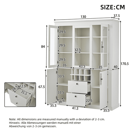 Vitrine 130x37,5x170,5 cm - 2 gavetas, 4 portas, LED, 8 garrafeiras - Branco