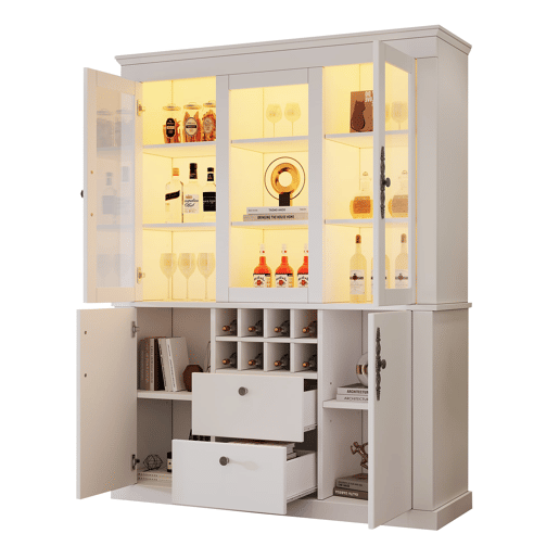 Vitrine 130x37,5x170,5 cm - 2 gavetas, 4 portas, LED, 8 garrafeiras - Branco