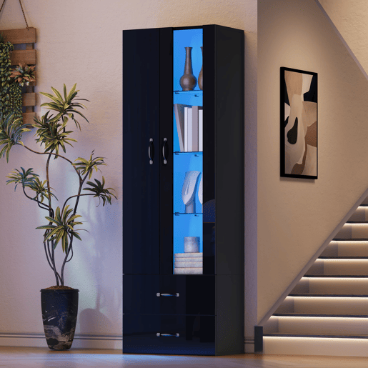 Vitrine LED com 2 portas - Porta transparente, independente, sala de estar - Preto Vitrine LED com 2 portas - Porta transparente, independente, sala de estar - Preto