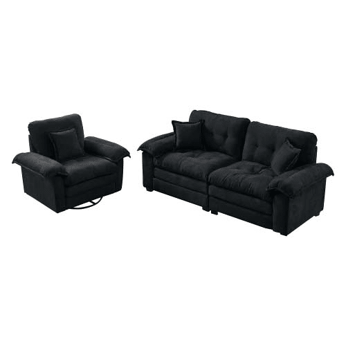 Sofá de 2 peças 3+2 lugares - Chenille, almofadas decorativas, assento profundo - Preto