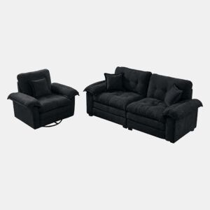 Sofá de 2 peças 3+2 lugares - Chenille, almofadas decorativas, assento profundo - Preto