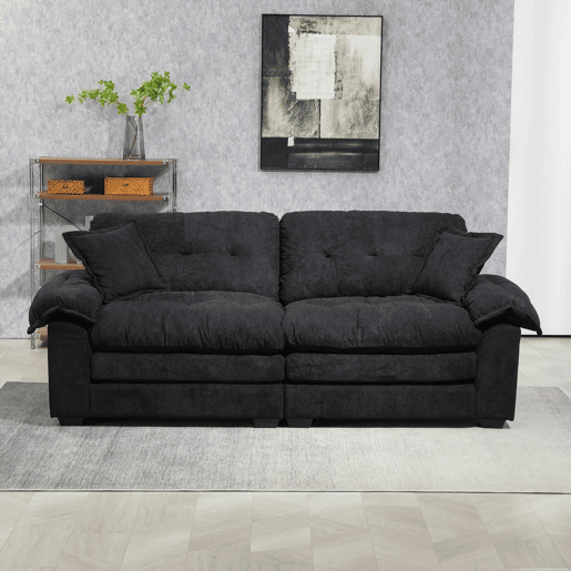 Sofá de 2 peças 3+2 lugares - Chenille, almofadas decorativas, assento profundo - Preto