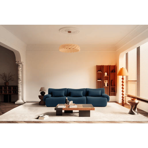 Sofá modular de 3 lugares, tecido bouclé na cor azul profundo