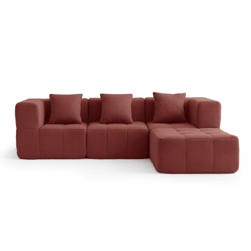 Sofá modular de 3 lugares com chaise longue, tecido bouclé na cor vermelho terracota