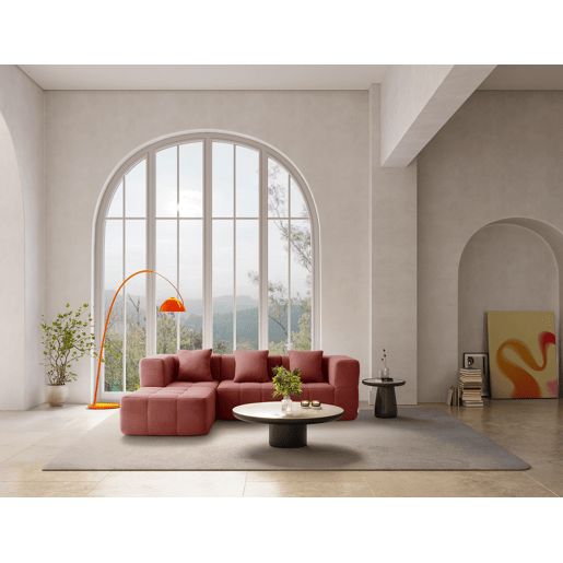 Sofá modular de 3 lugares com chaise longue, tecido bouclé na cor vermelho terracota