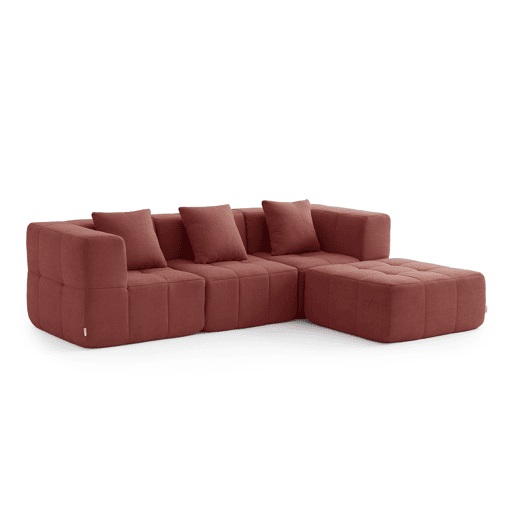 Sofá modular de 3 lugares com chaise longue, tecido bouclé na cor vermelho terracota