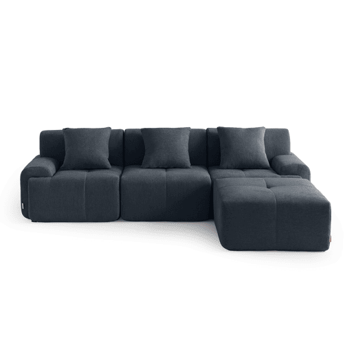 Sofá modular de 3 lugares com chaise longue, tecido chenille na cor azul acinzentado