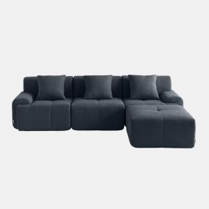 Sofá modular de 3 lugares com chaise longue, tecido chenille na cor azul acinzentado