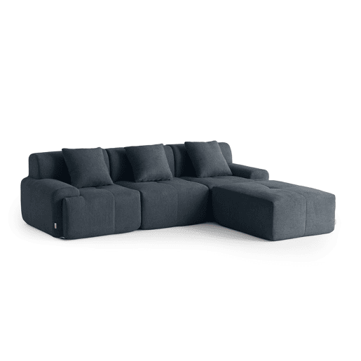 Sofá modular de 3 lugares com chaise longue, tecido chenille na cor azul acinzentado