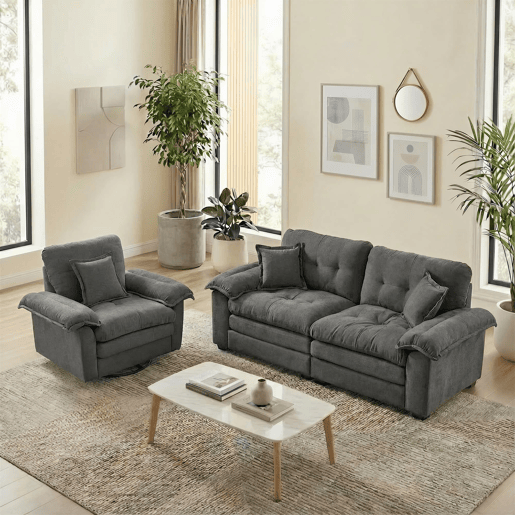 Sofá de 2 lugares + 1 lugar - Chenille, acolchoado duplo, almofadas decorativas - Cinza