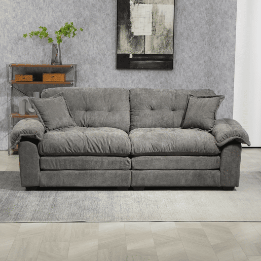 Sofá de 2 lugares + 1 lugar - Chenille, acolchoado duplo, almofadas decorativas - Cinza