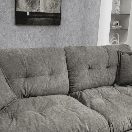 Sofá de 2 lugares + 1 lugar - Chenille, acolchoado duplo, almofadas decorativas - Cinza
