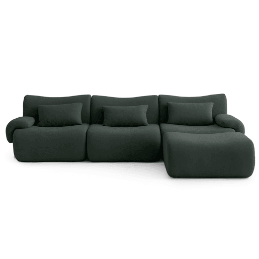 Sofá modular de 3 lugares com chaise longue, tecido bouclé na cor verde floresta